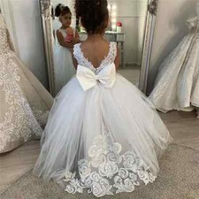 White Bridesmaid Dress for Girls Lace Big Bow Dresses Ball Gown Kids Wedding