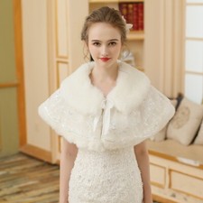 Women Lece Faux Fur Poncho Wrap Wedding Bridal Shrug Bolero Top Dress Warm Cape