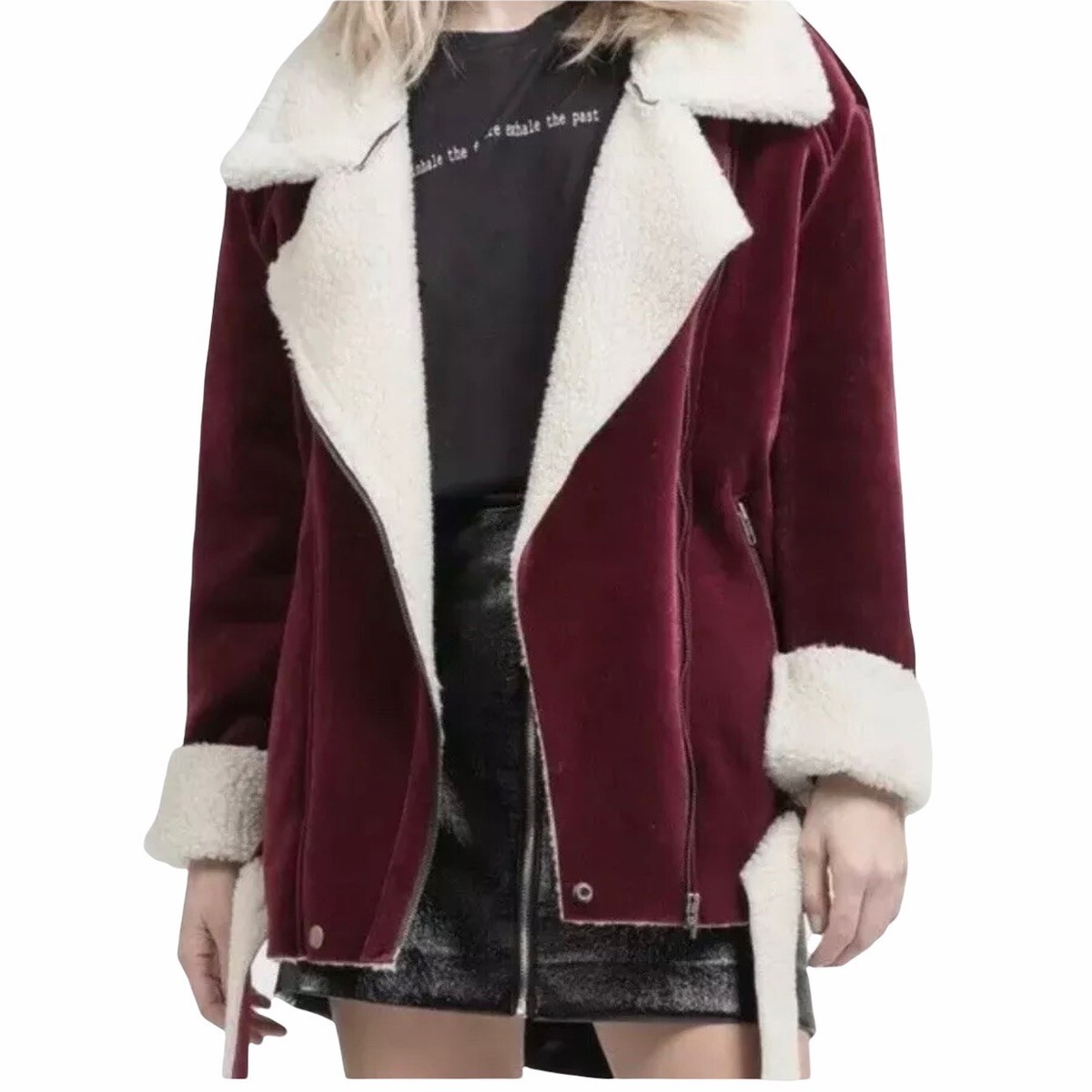 J.O.A Anthropologie Velvet Moto Faux Sherpa Lined Jacket Coat Ruby