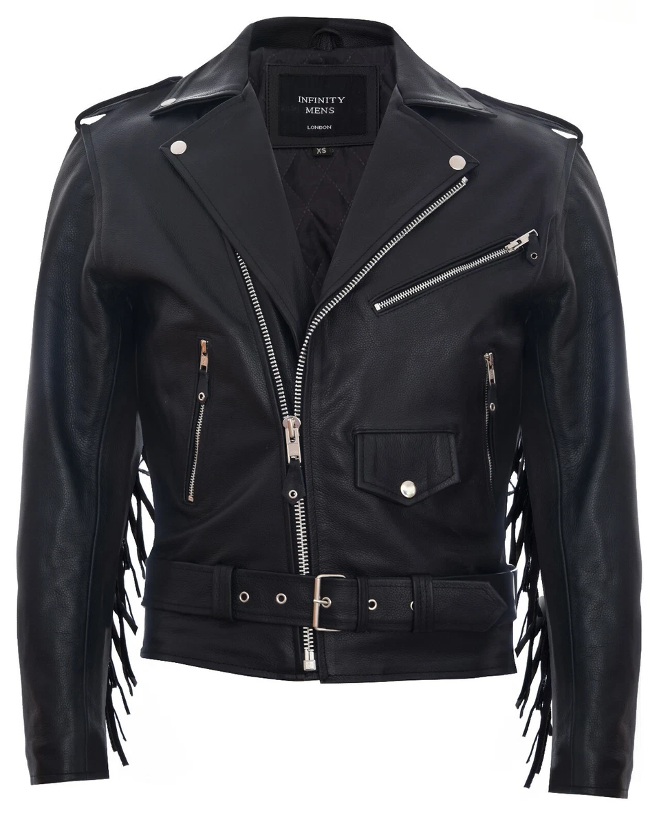 Fringed leather clearance biker jacket mens