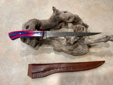 Custom Made 9" Damascus Steel Fillet Fishing Knife & sheath laminate wood stocks