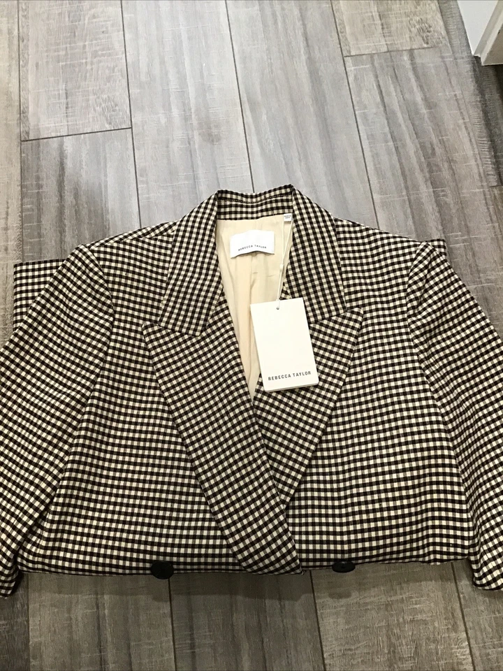 Blazer a Cuadros Rebecca Taylor Espresso Marrón Combo Lino Talla 4 Nuevo con Etiquetas $495 Foto 3 de 4