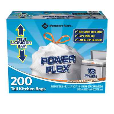 Member's Mark Power Flex Tall Kitchen Drawstring Trash Bags (13 Gallon, 2 Rolls 