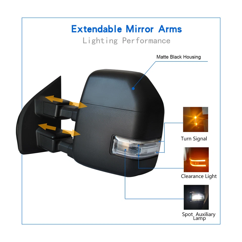 Towing Mirrors For 2017-2020 Ford F-250 Super Duty Power Heated LED Signal LH RH - Image 4 of 4