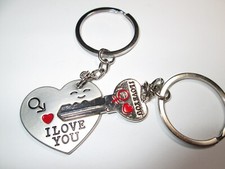 I LOVE YOU Silver Tone Heart  Key Keychain Duo W/GIFT BAG