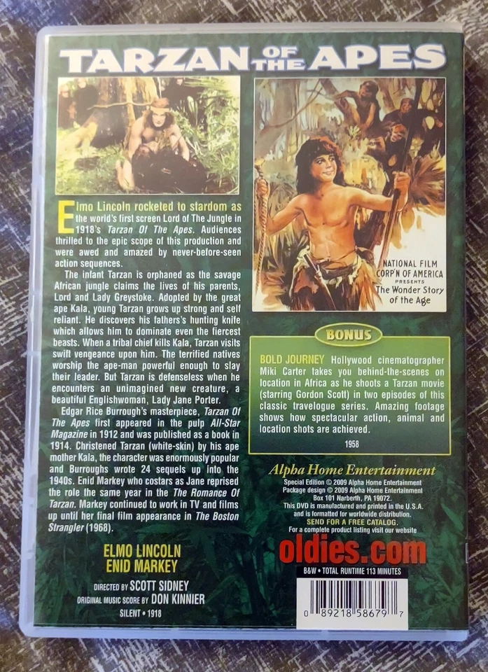 Tarzan of the Apes (1918) DVD (Region 0 US Import) Silent  1st Ever Tarzan Movie - Image 2 of 4