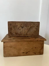 Antique Rectangle Primitive Wood Butter Mold Stamp Box Press Double Carved Ferns