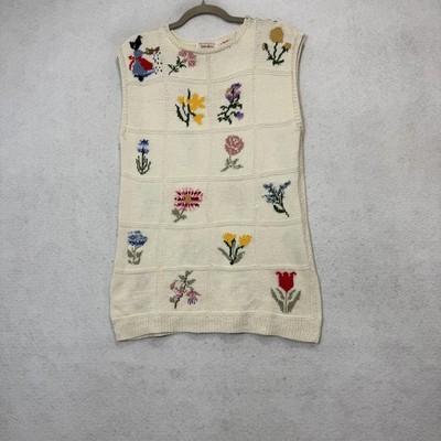 Vintage Neiman Marcus Sweater Vest Womens Small White Floral Cotton Knit England