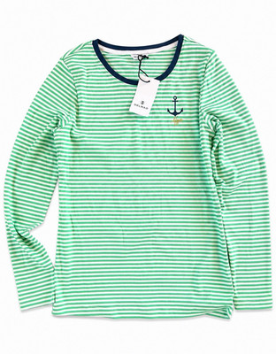 DELMAO Damen Langarmshirt Grün/Weiß gestreift Anker Stickerei Gr. 40/42