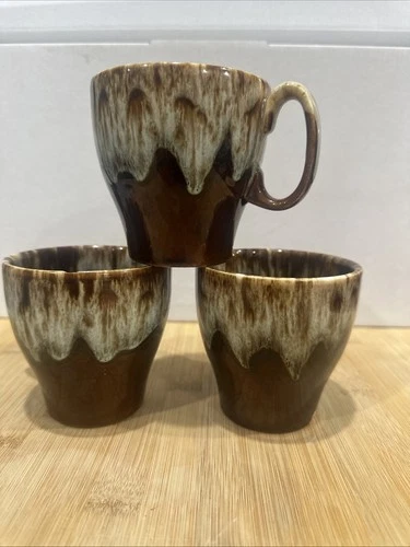 Vintage Canonsburg Pottery Brown Drip Glaze Coffee Mugs Set of 3 *