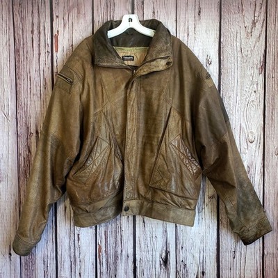 Adventure Bound 90s Large Vintage Bomber Jacker Shoulder Pads Brown Men Zip 