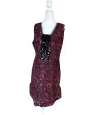 Vera Wang Simply Vera Sleeveless Maroon Black Print Cocktail Dress Sequins Large