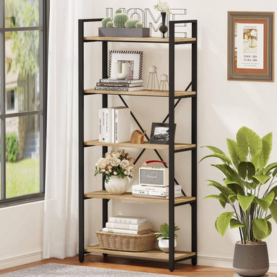 5 Tier Bookshelf, Industrial Wood and Metal Book Shelves for Display, Tall Etage