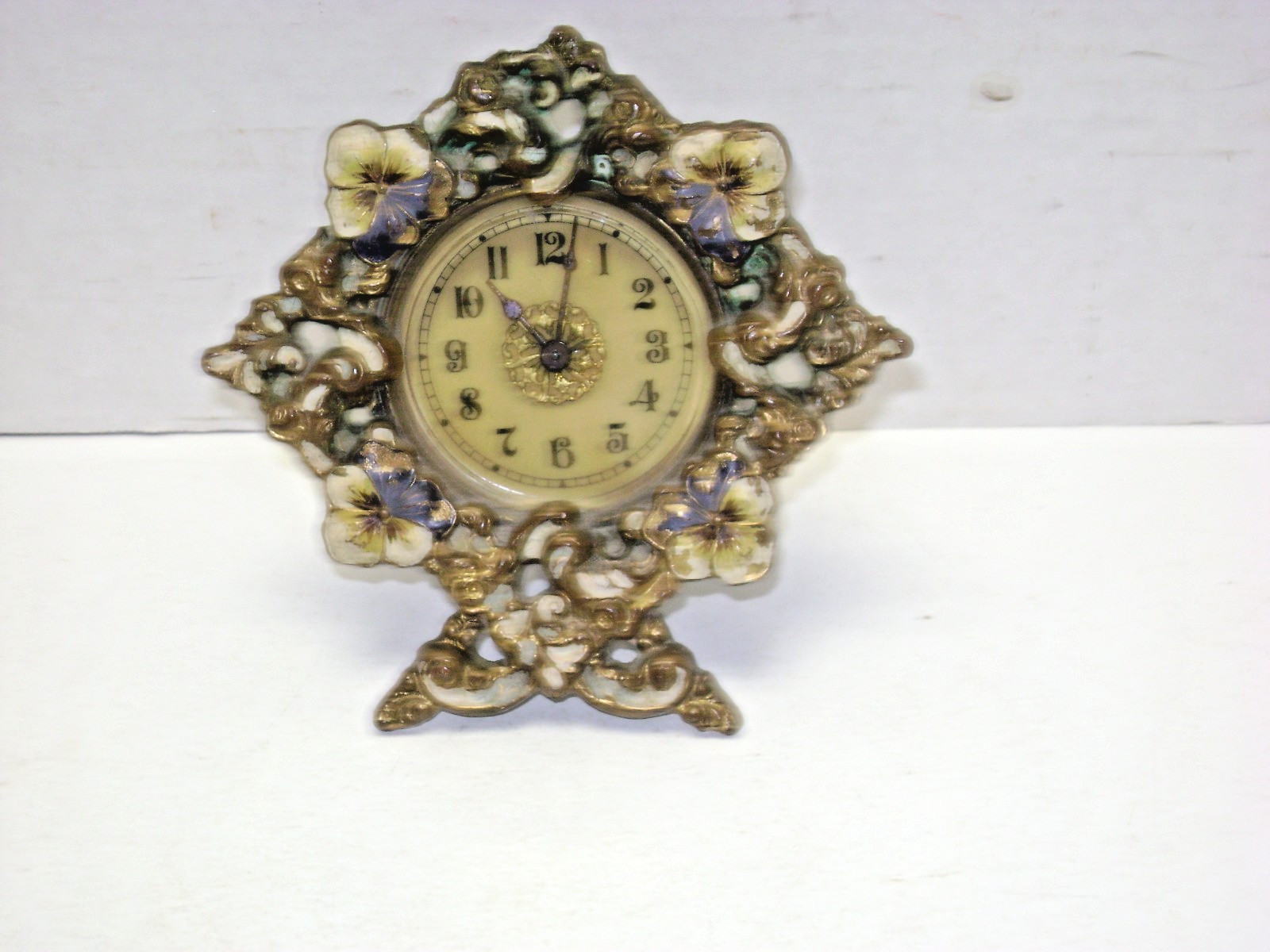Ornate antique vintage brass desk clock with floral enamel detailing