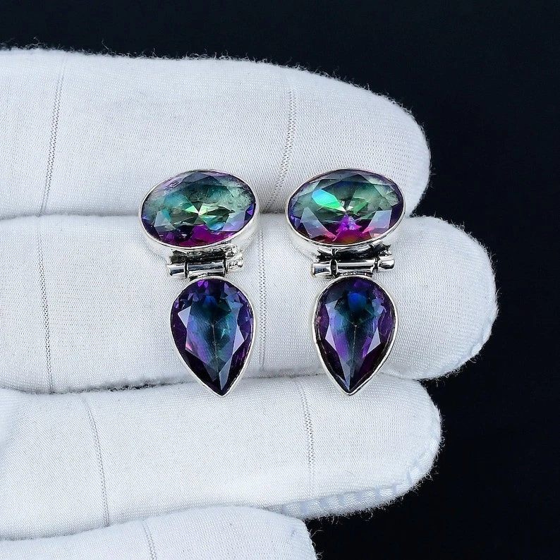 Mystic Topaz Gemstone Handmade 925 Sterling Silver Jewelry Earring Size-1.65'' - Image 2 of 4