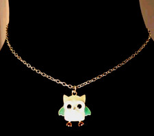 Girls Owl Pendant Silver Tone Chain Enamel in Pink & Green 14-16" VGC