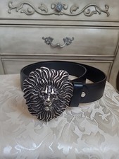 Vintage Firenze Black Solid Leather Belt With Silver Leo Head Buckle Italy