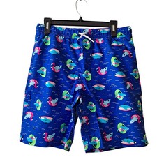NWT Lands' End Funny Shark Swim Trunks Duck Surfboard Neon Blue Boy Size XLH