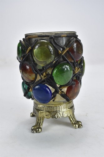 Vintage MCM ORNATE JEWELED MARBLE ART GLASS CANDLE HOLDER BRASS BASE FEET #07457 - Picture 3 of 5