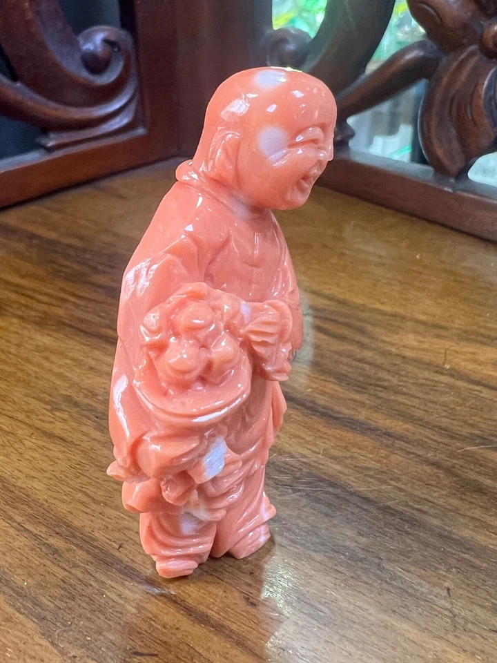 Antique China Chinese Carved Natural Red Coral Monk Statue Figure Figurine 35gr. - Image 3 of 4