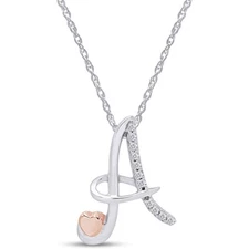 Two Tone Sterling Natural Diamond Accents A-Z Initial & Heart Pendant Necklace