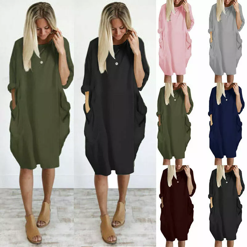 Women Oversized Long Sleeve Midi Dress Ladies Pockets Casual Baggy T Shirt Tops