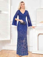Luxury Slit Long Sleeve Evening Dress Women Formal Sequins Prom Cocktail Gowns