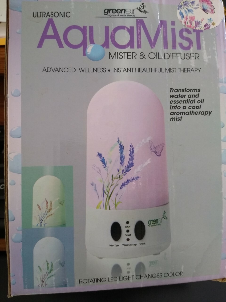 AQUA MIST (GREENAIR)  MISTER & OIL DIFFUSER - ROTATING LED LIGHT CHANGES COLOR