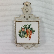 Tile Trivet Root Vegetables Vintage Ceramic In Cream Cast Iron Made In Japan 