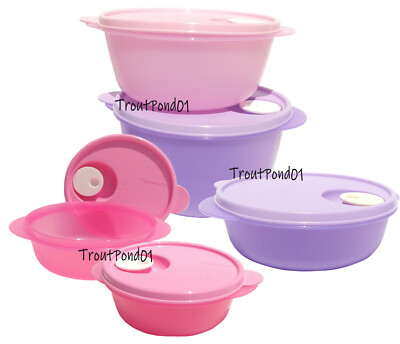 Tupperware Crystalwave Microwave Bowl Set 5 Pink + Purple Vent Seal 8 6 4 2 Cups