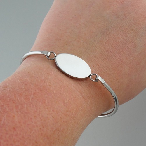 Oval Face Charm Bangle Bracelet, Stainless Steel Latch Engravable Gift - Picture 2 of 5