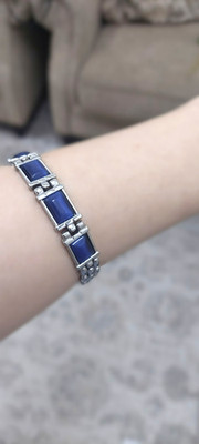 Vintage Blue Stone Tennis Bracelet Silver Tone Link Unisex Estate 20cm