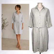 TAHARI 100% Linen Button Front Shirt Dress Light Gray Coastal Garden Tea Party M
