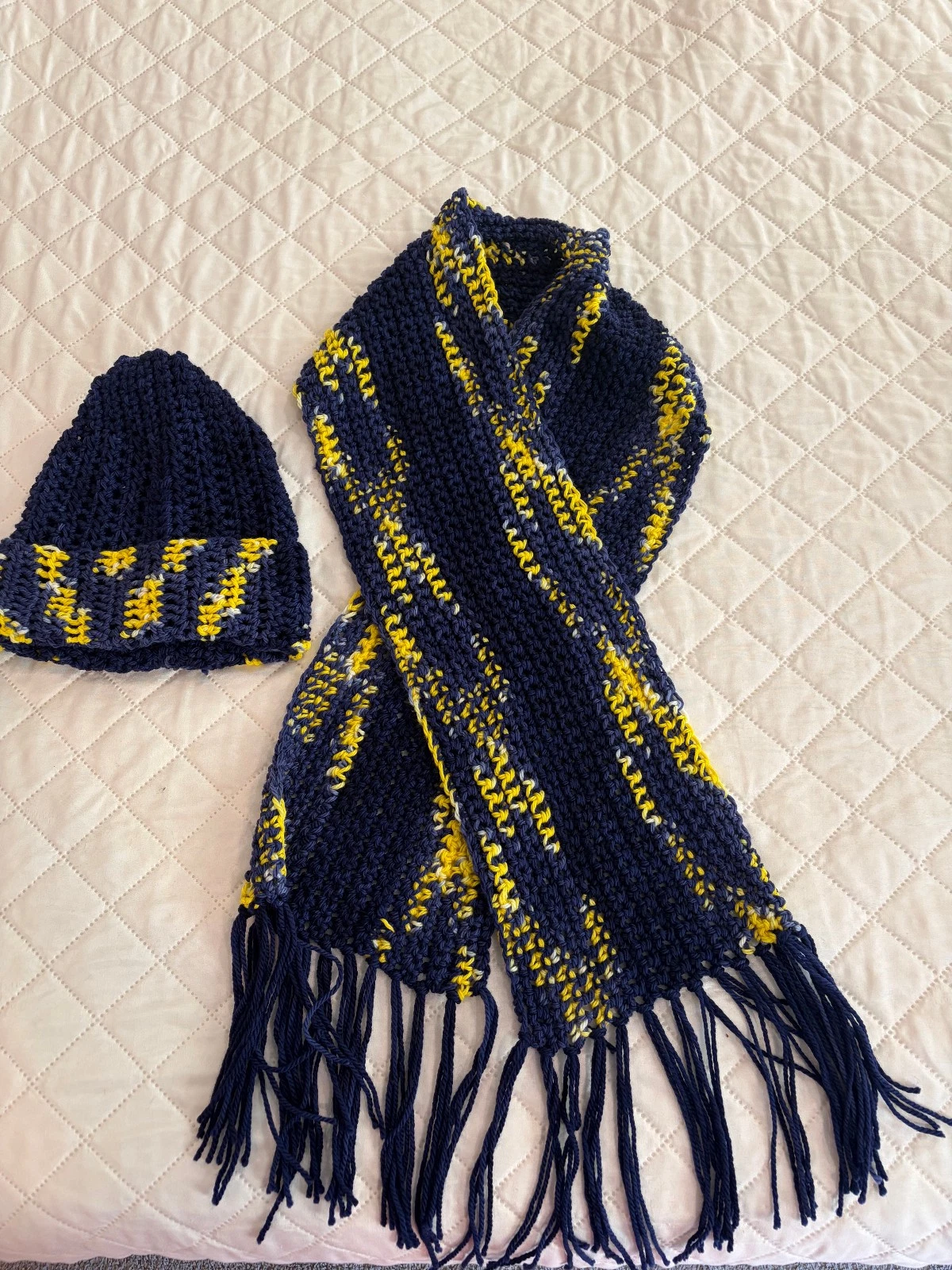 Michigan Wolverine maize and blue hat and scarf - hand made