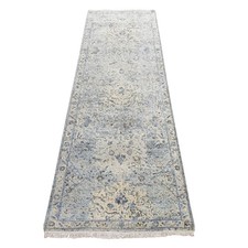 2'5"x8' Ivory and Blue Oushak Design Silk Textured Wool Hand Knotted Runner Rug