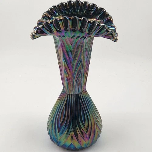 Vtg Fenton Amethyst Black Carnival Ribbed & Crimped Glass Vase Diamond Pattern