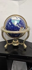 14" Tall Blue Lapis Ocean Gemstone Globe & Tripod Gold Stand & Compass