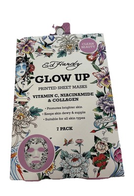 Ed Hardy Glow Up Printed Sheet Masks Vit C/Niacinamide/Collagen New In Box