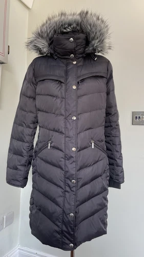 Cappotto lungo piumino e piume Michael Kors taglia 14 pesante caldo invernale cappuccio 4 tasche