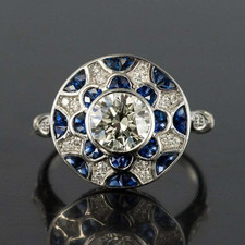 Art Deco Style Calibrated Sapphire  White CZ 925 Silver Round Shape Women Ring