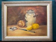 Vintage Signed Still Life Oil Painting on Board Onion And Lemons