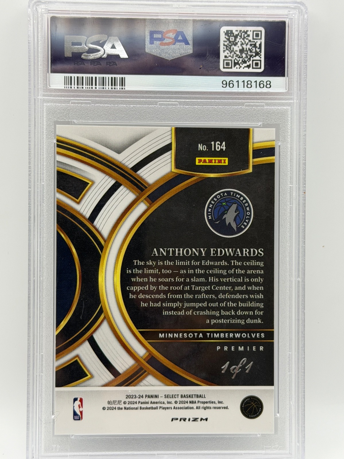 2023 Panini Select Anthony Edwards Black Disco 1/1 Minnesota Timberwolves PSA 10 view 2