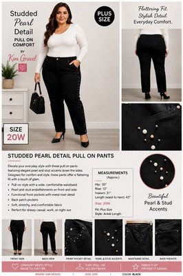 Belle by Kim Gravel Sz Black 20W Pull On Pants Pearl Stud Embellisments Stretch