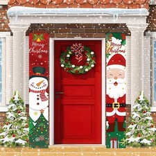 Christmas Porch Banner Set 78x12 Inch Santa and Snowman Door Hanging Sign Out...