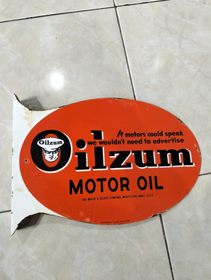 シ*ン様 40s USAビンテージ 琺瑯看板Oilzum モーターオイル広告プレ Antique Vintage Original Old Oilzum Motor Oils Single Sided
