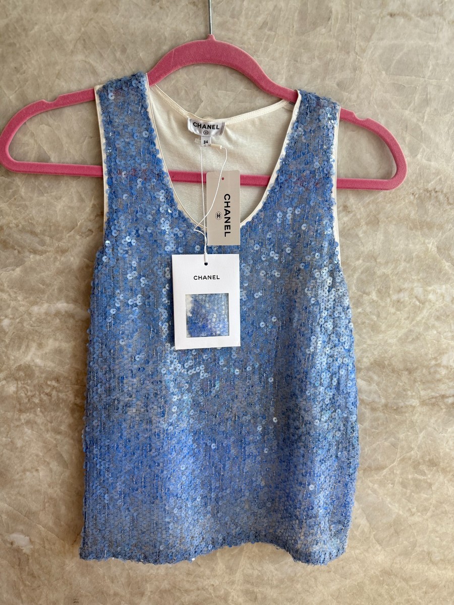 Chanel Sequin Tank Top Womens 34 XS Lavendar Blue Silver BNWT