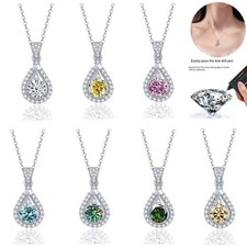 1 Carat Coloured Moissanite Necklace S925 Silver Teardrop Pendant Chain Gift UK