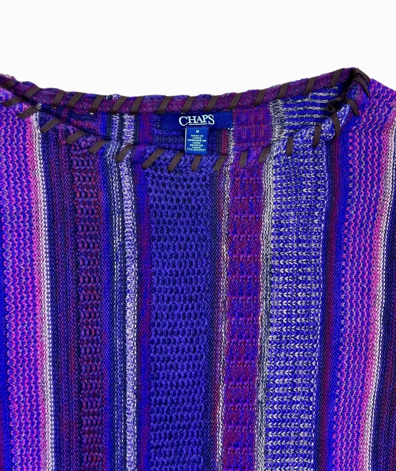 Chaps Women’s Sweater M Boho Knit Striped Purple Pink Retro 90s Style - Image 2 of 3