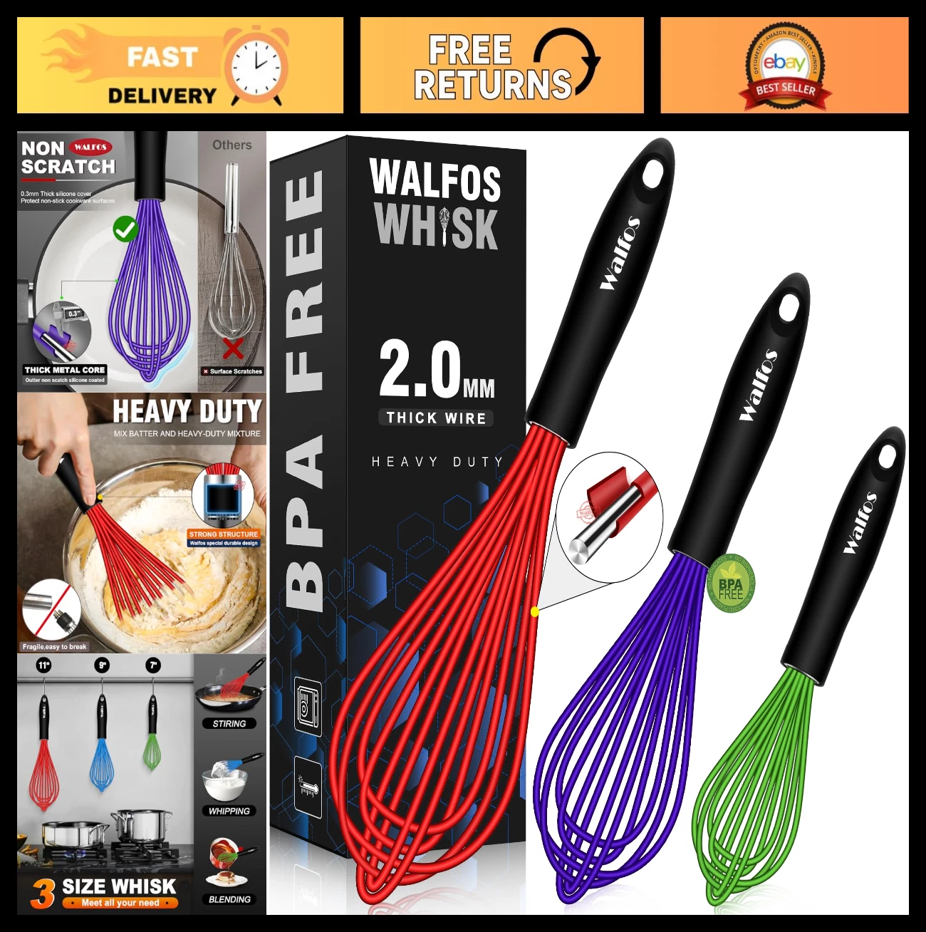 Silicone Whisk Set of 3 - 7, 9, 11 Inch, BPA Free, Heat Resistant, Non-Scratch,