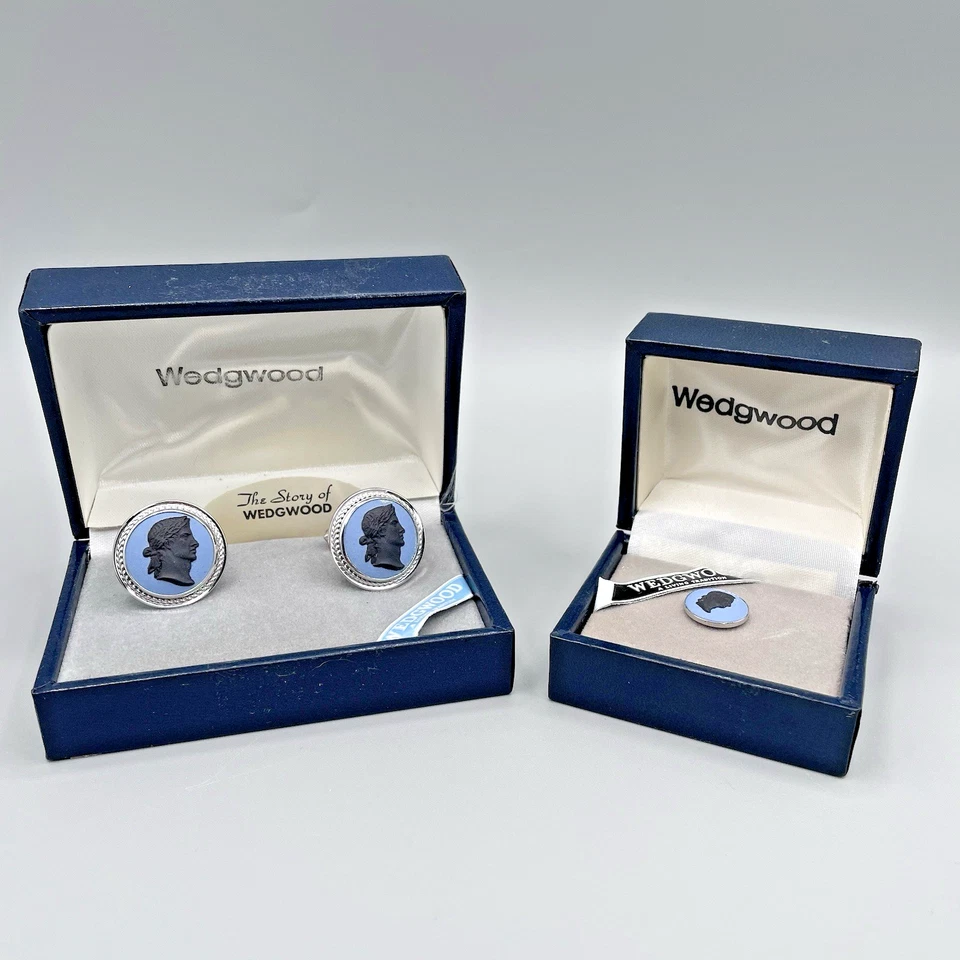 Gemelos camafeo de jaspe azul Wedgwood y corbata de plata esterlina Destino de colección nos Foto 2 de 4